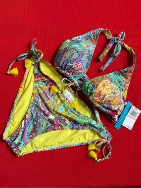 Women’s Yellow Paisley Tie-Side Bikini Set